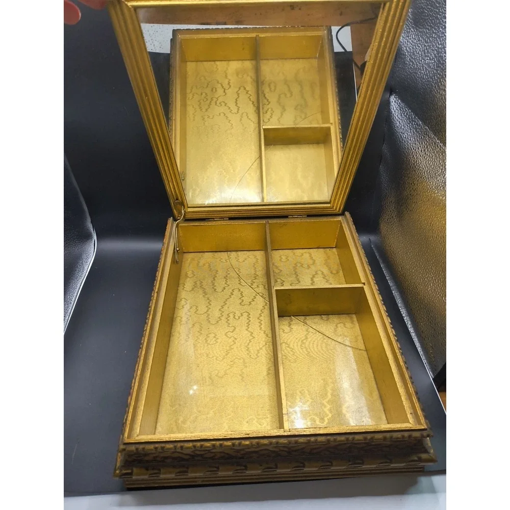 Vintage 1940s Gold Gilt Wooden Jewelry Box with Mirror & Floral Art SEE PHOTOS